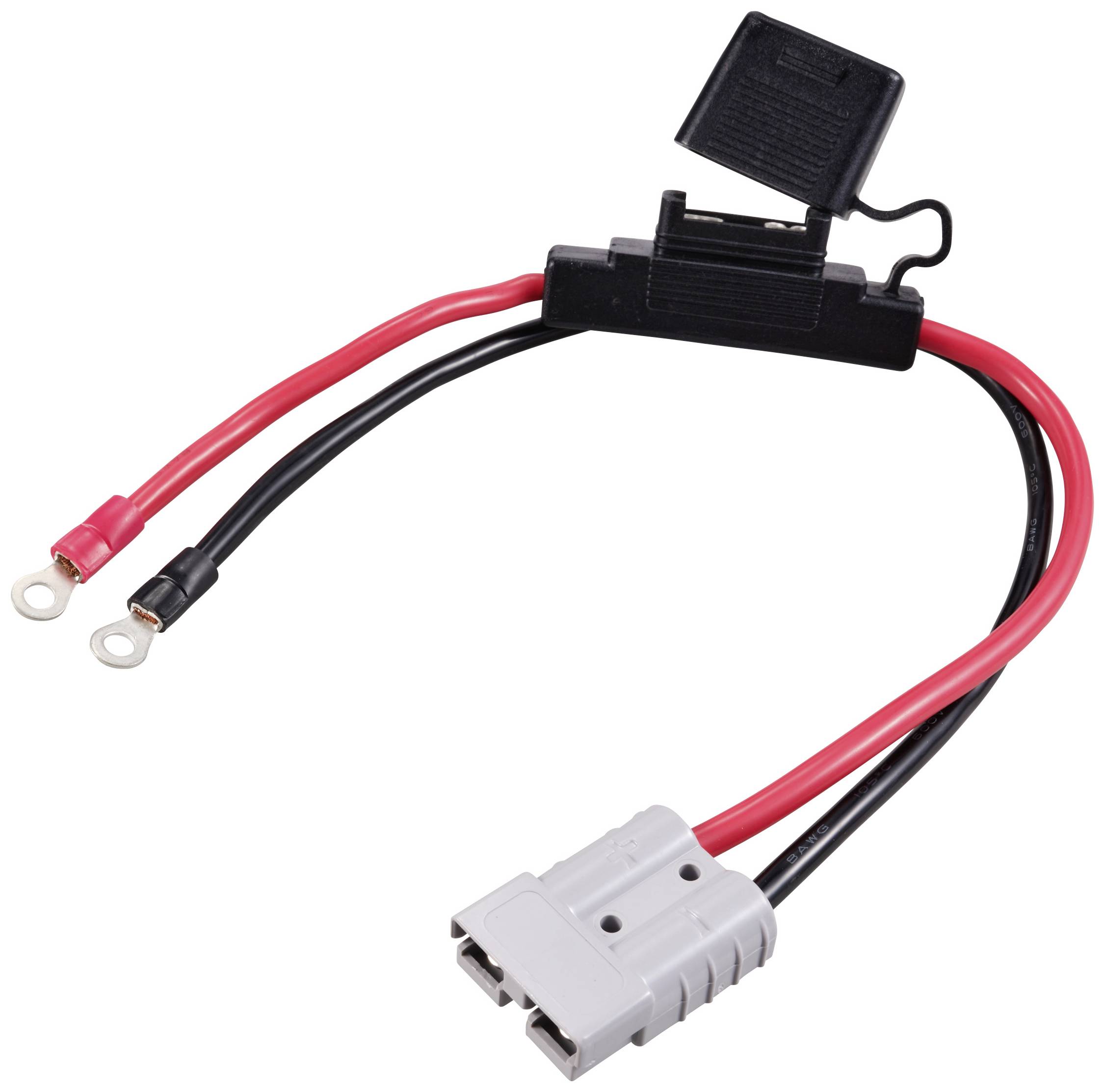 Kabel stromového vedení s červeným a černým vodičem, propojené šedou konektorovou spojkou, s krytým držákem pojistky.