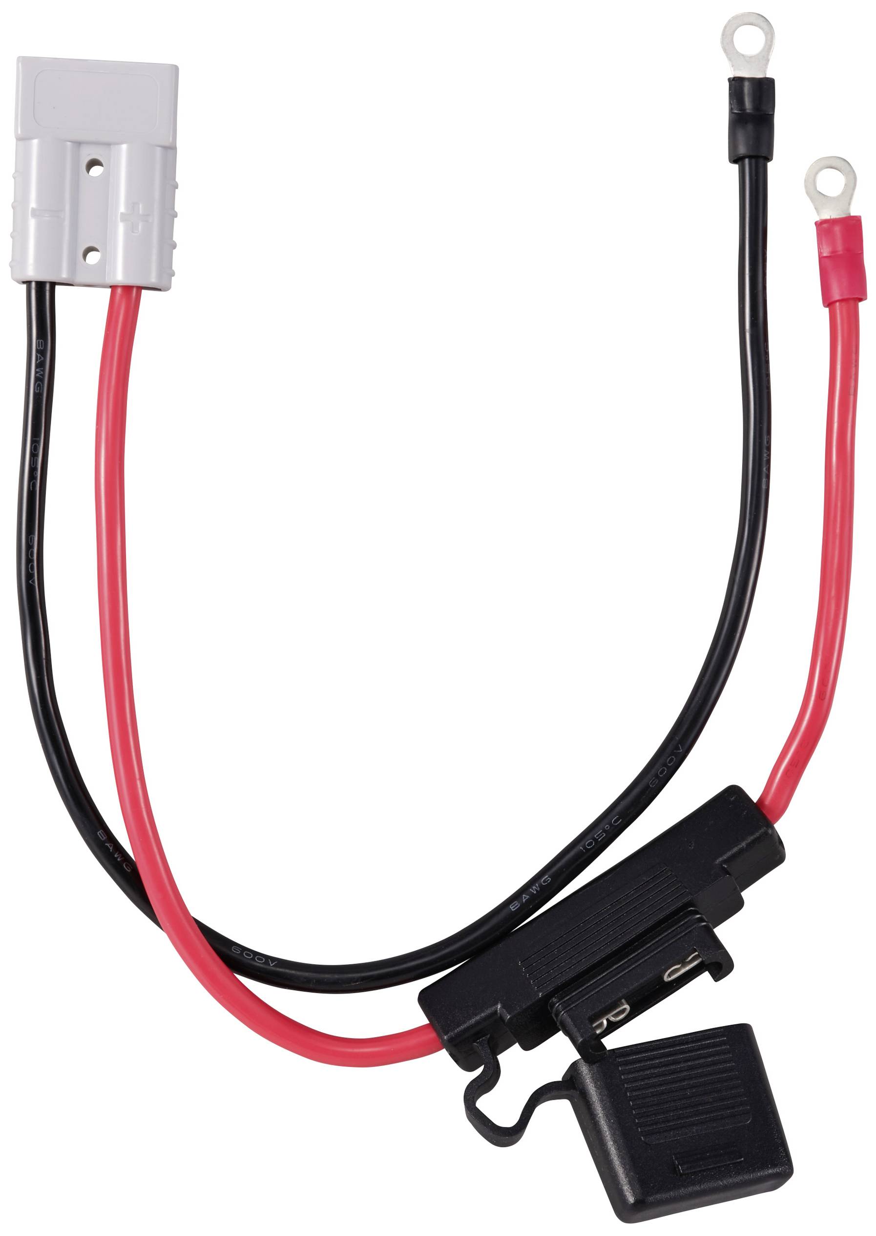 Červený a černý kabel baterie s pojistkou a dvěma kabelovými oky.