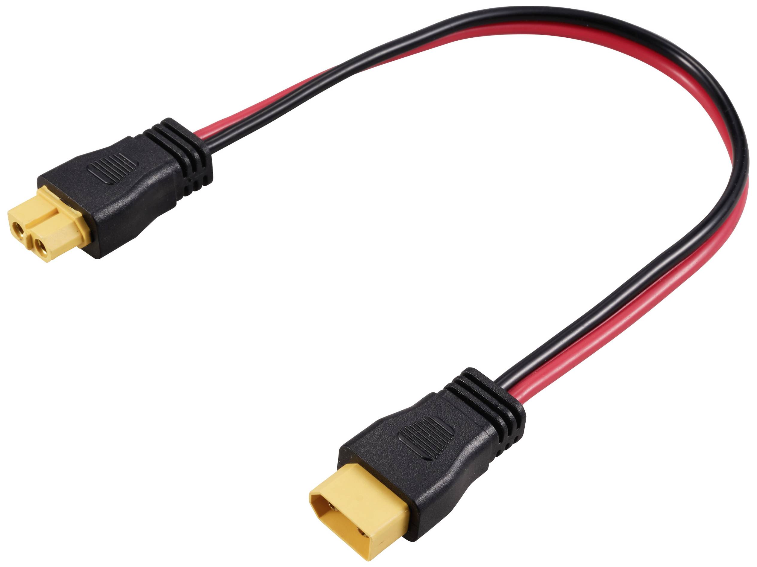 Adaptérový kabel se žlutými konektory XT60 na obou koncích a černočervenými vodiči pro napájení v elektronických aplikacích.