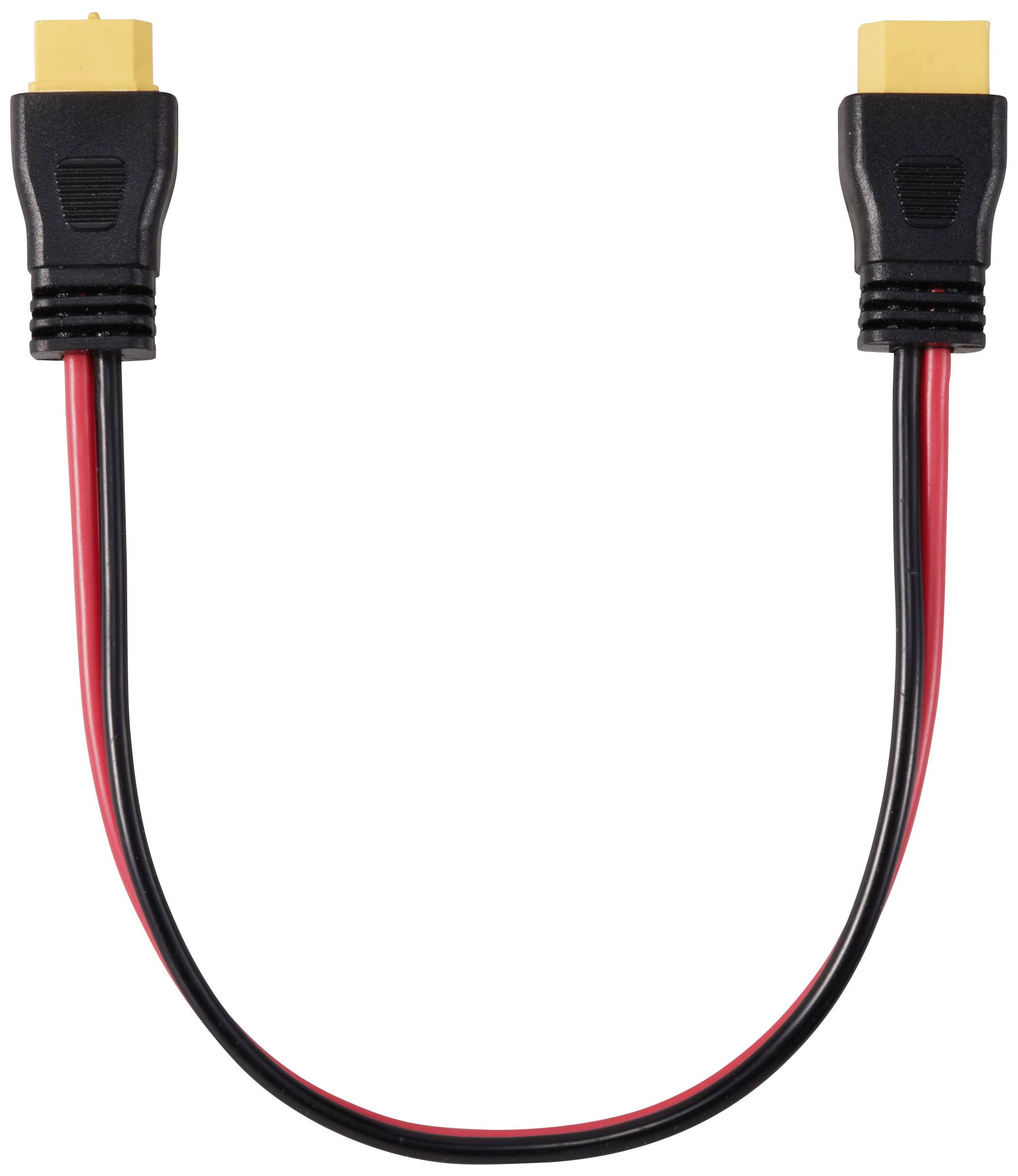 Červený a černý kabel se dvěma žlutými konektory, vhodný pro elektronická propojení.