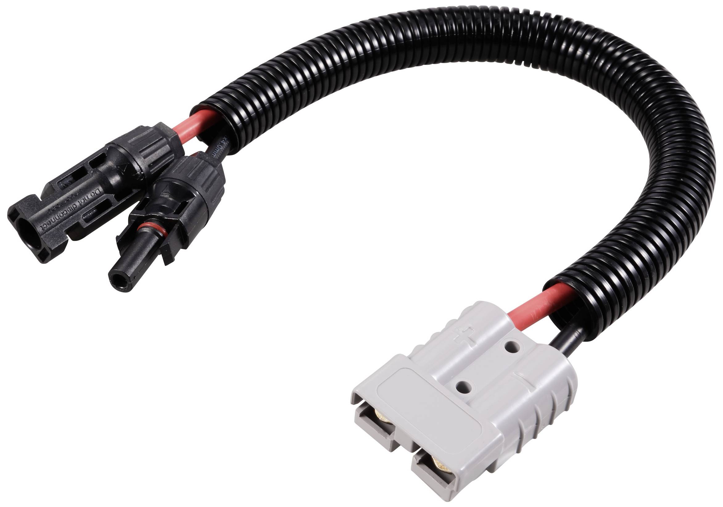 Y solární adaptérový kabel se dvěma černými konektory a jedním šedým konektorem. Používá se pro připojení solárních modulů.