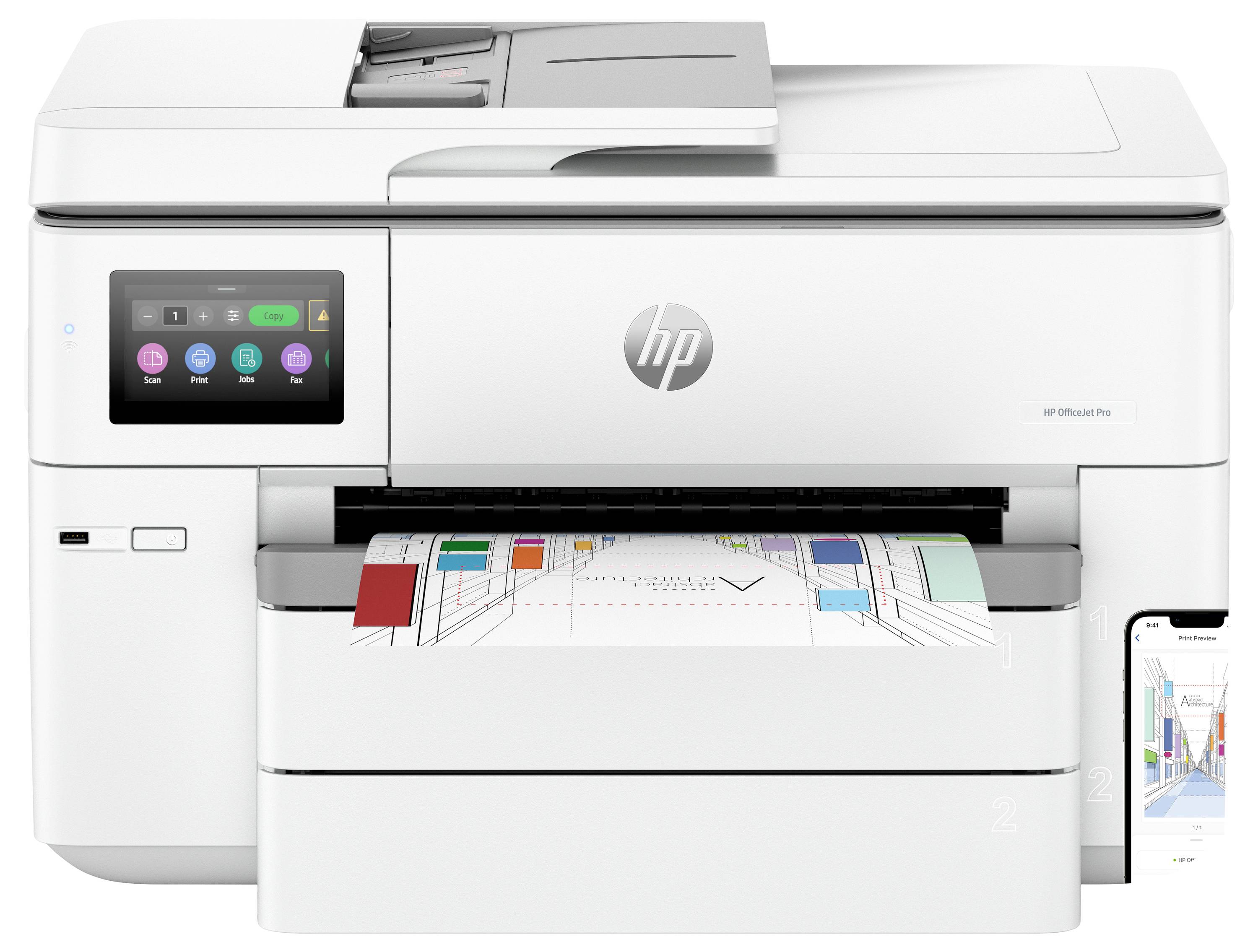 Bílá multifunkční tiskárna HP tiskící barevný dokument s dotykovou obsluhou a smartphone zobrazující tiskovou úlohu.