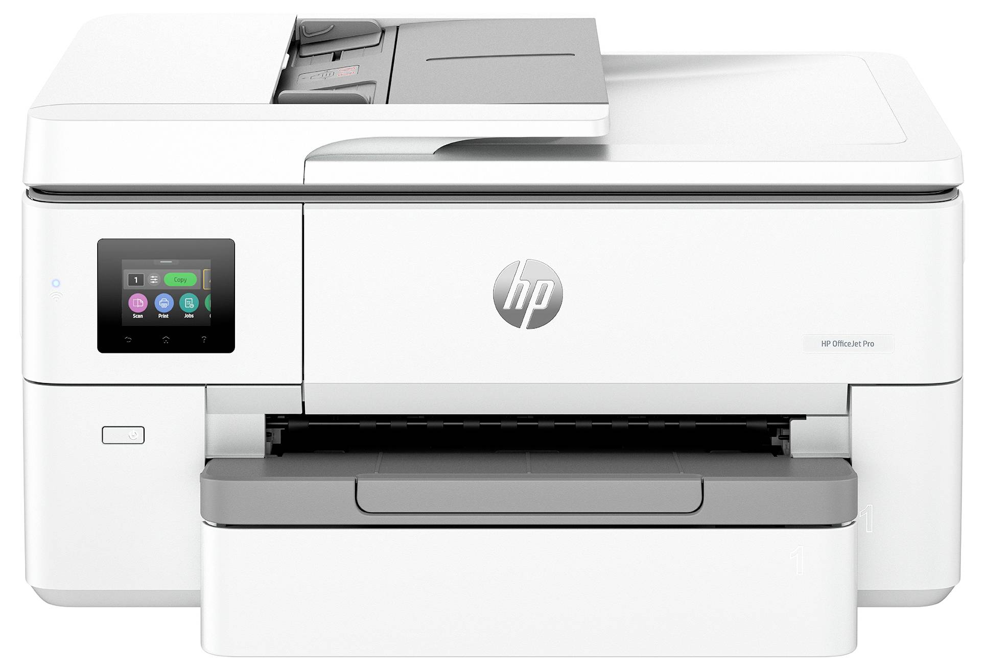 Bílá multifunkční tiskárna HP OfficeJet Pro s dotykovým displejem a přední zásobníkem papíru, zobrazená na neutrálním pozadí.