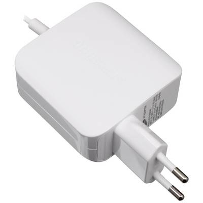 Bílá nabíječka s evropskou zástrčkou pro elektronické zařízení, pohled z boku.