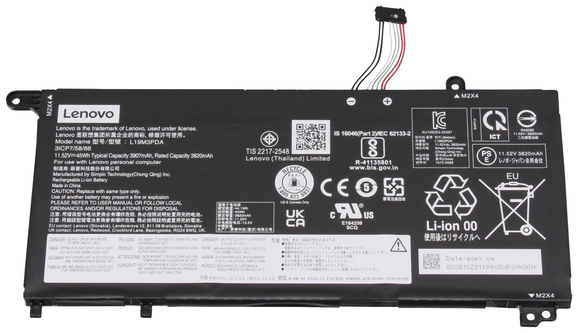 Baterie notebooku značky Lenovo s logy, specifikacemi a výstražnými štítky na přední straně. Číslo modelu L16M4PB0, 15,36V, 3480mAh.