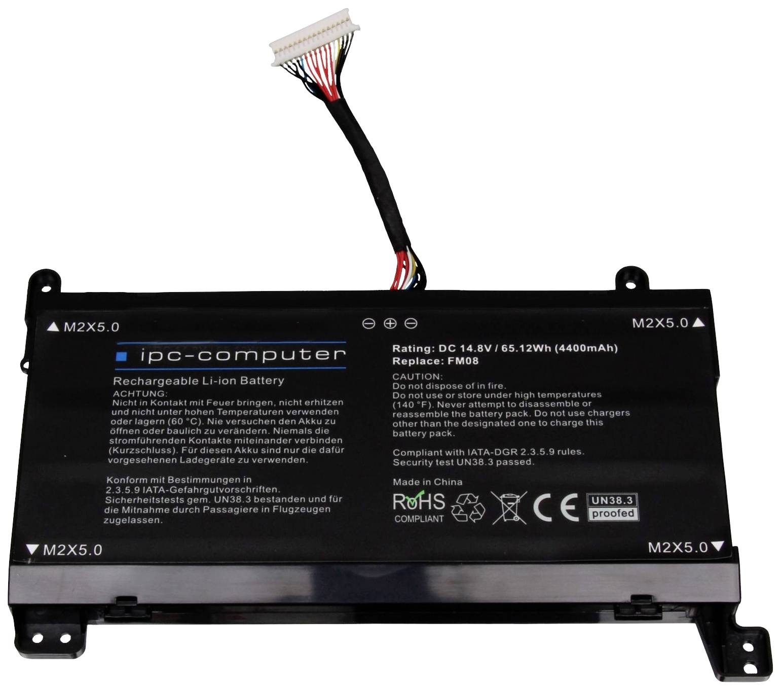 Černý lithium-iontový akumulátor od ip-computer s technickými specifikacemi, kabelový konektor nahoře, šroubové otvory M2X5,0 v rozích.