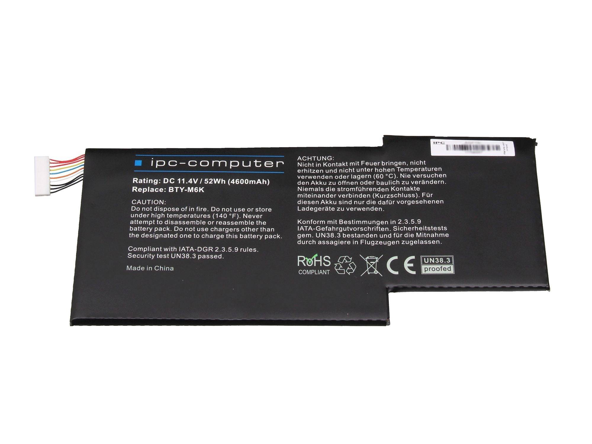 Notebook baterie s nápisem 'Hodnocení: DC 11,4V 52Wh (4600mAh)'. Bezpečnostní a uživatelské pokyny jsou vytištěny na povrchu.