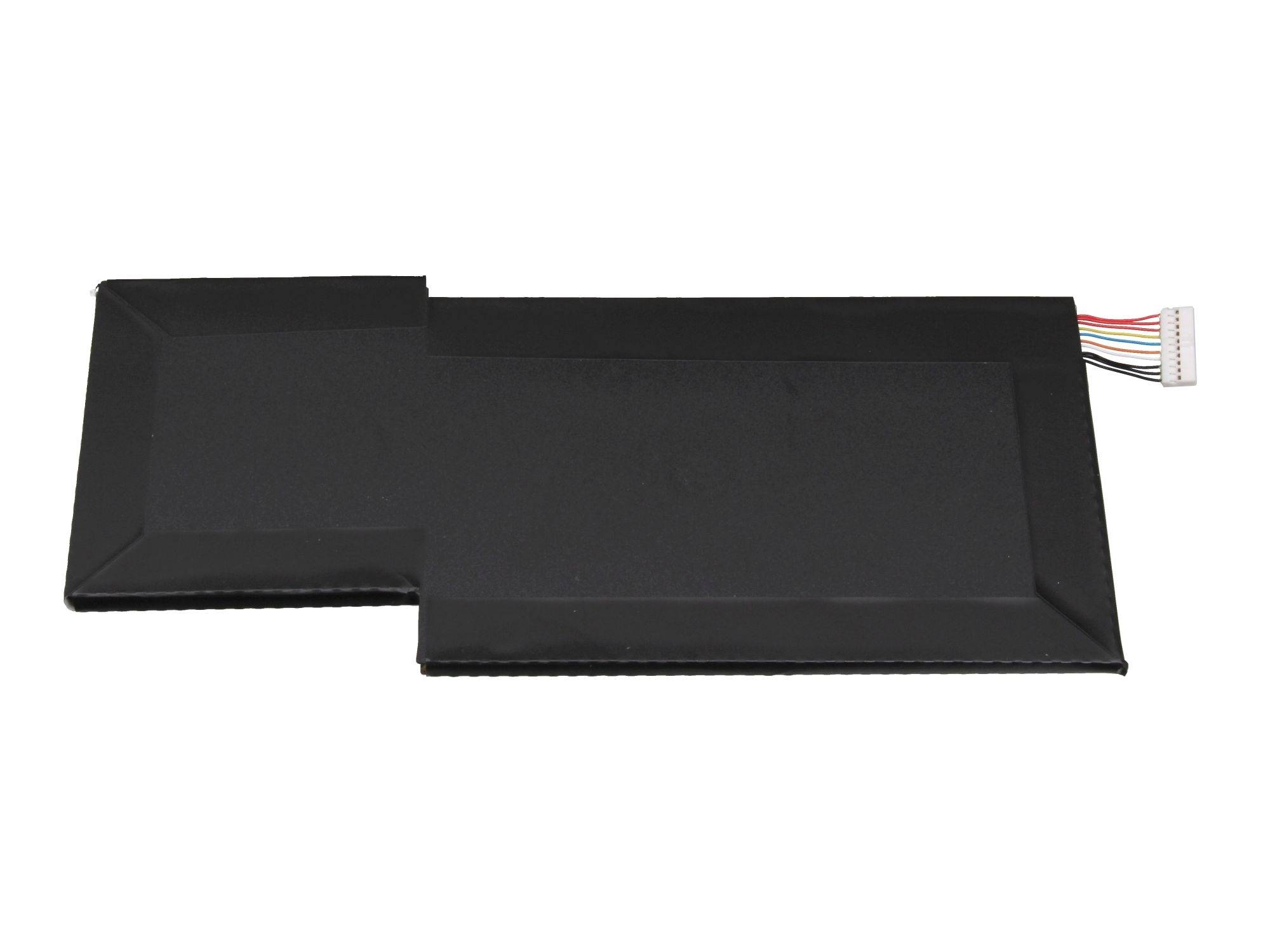 Obdélníkový černý notebook baterie s připojovacím kabelem na pravé straně.
