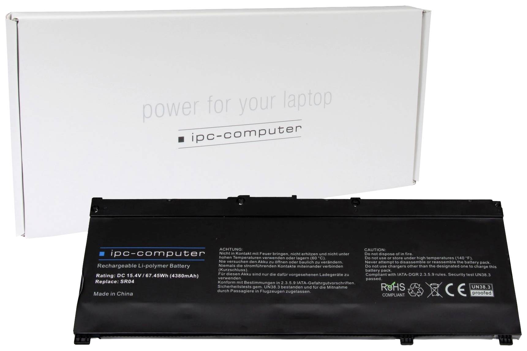 Baterie notebooku od ipc-computer s popisem a technickými údaji. Vhodná jako náhrada pro různé modely notebooků.