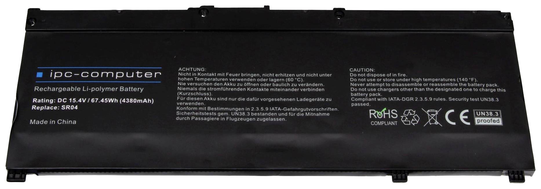 Obdélníkový černý lithium-polymerový akumulátor od ipc-computer. Nápis: 'Dobíjecí lithium-polymerový akumulátor', 4380mAh, 14,8V.