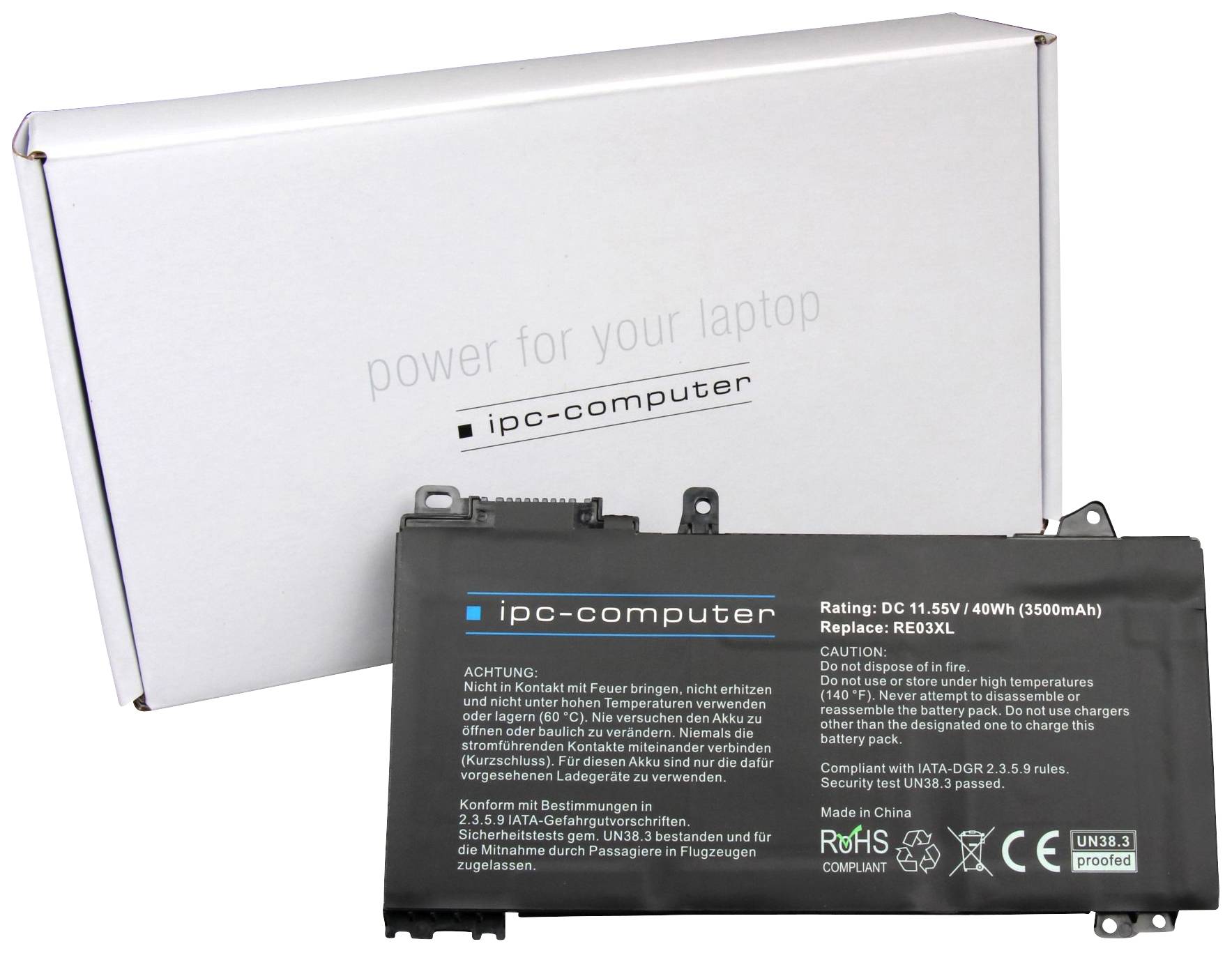 Notebook baterie od ipc-computer před krabicovou krabicí. Baterie má napětí 11,55 V a kapacitu 40 Wh (3500 mAh).