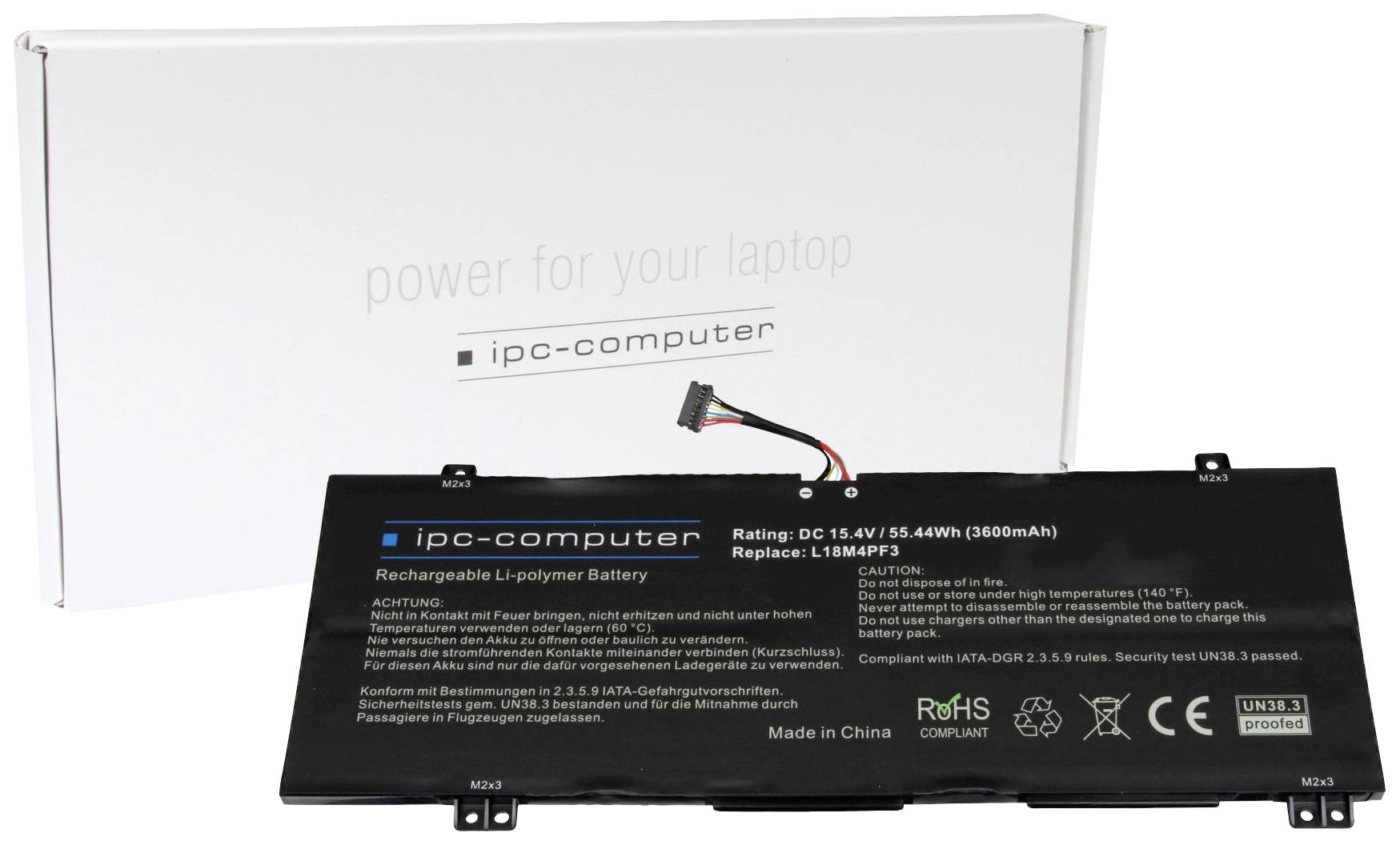 Náhradní baterie do notebooku s nápisem 'ipc-computer', napětím 15,4V, kapacitou 3600mAh, umístěná před obalem s textem 'power for your laptop'.