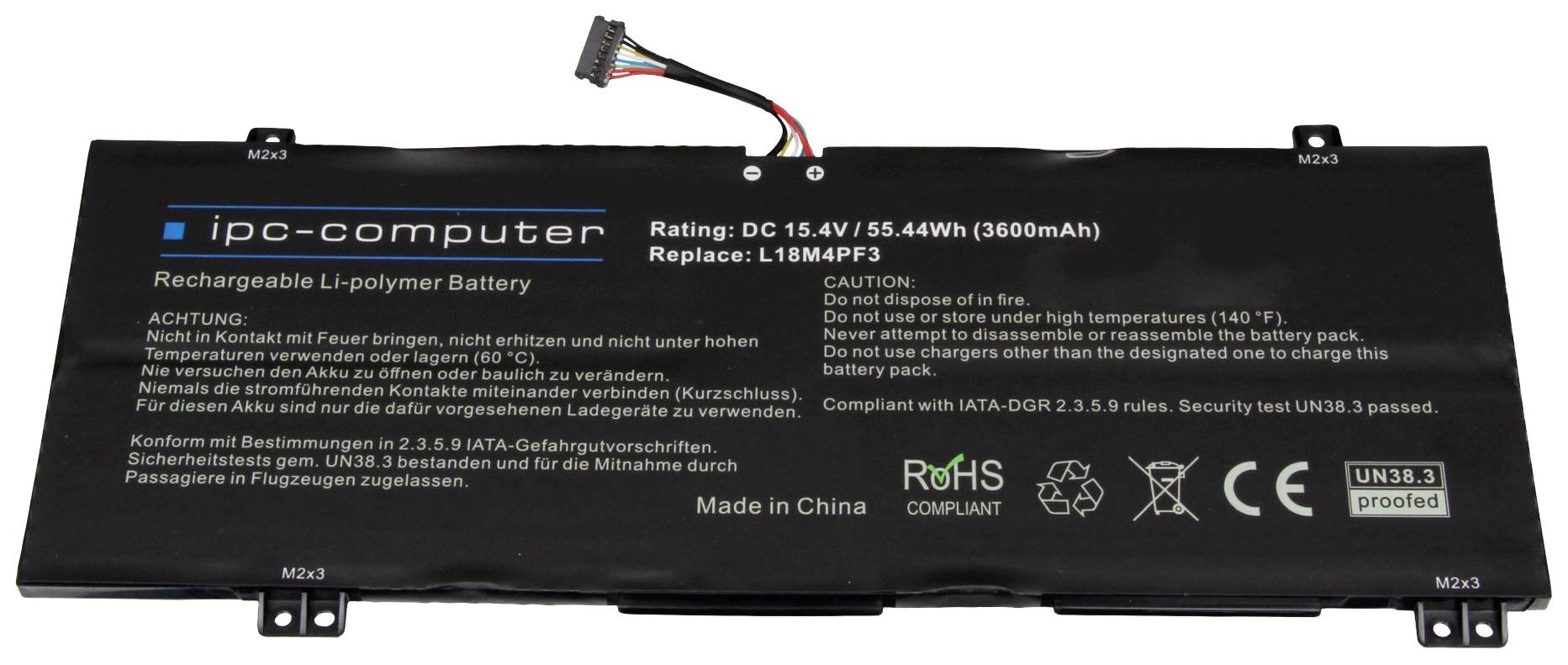 Černá dobíjecí lithium-polymerová baterie s firemním logem a technickými údaji, jako je napětí, kapacita a bezpečnostní upozornění.