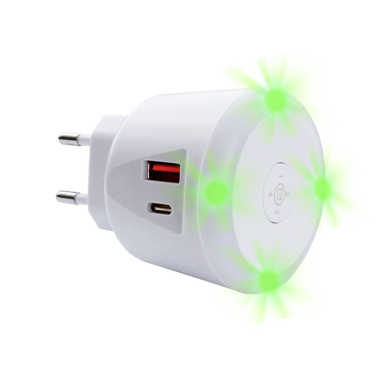 Bílá USB nabíječka se dvěma USB porty a zelenými LED kontrolkami po stranách.