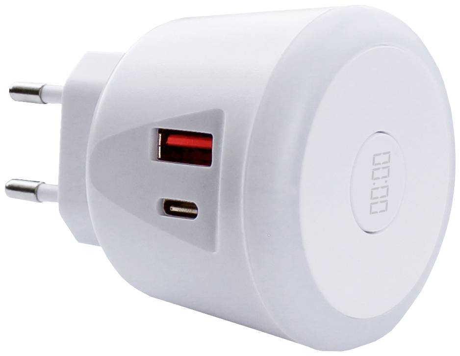 Bílá USB nabíječka se dvěma konektory: jeden USB-A a jeden USB-C. Vhodná pro nabíjení elektronických zařízení.