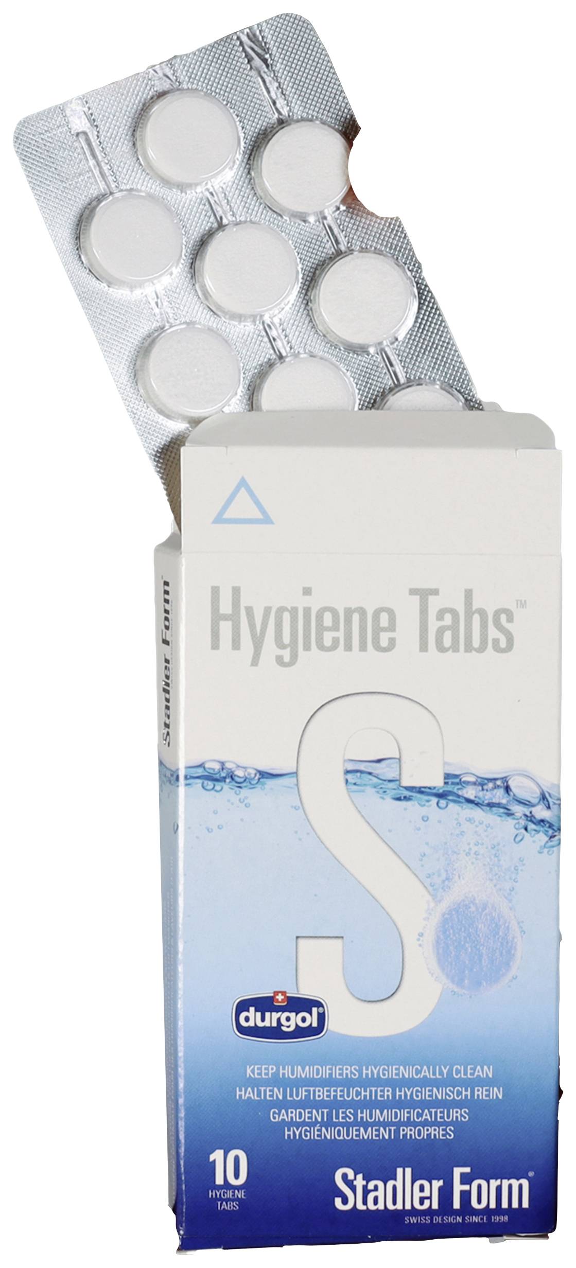 Balení s 'Hygienickými tabletami' pro čističe vzduchu od značky Stadler Form. Krabička je otevřená a ukazuje tablety.