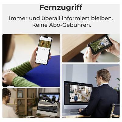 Lidé používají zařízení jako telefon, tablet a počítač pro prohlížení záznamu z bezpečnostních kamer. Text zní: 'Vzdálený přístup. Buďte informováni kdykoli a kdekoli. Žádné poplatky za předplatné.'