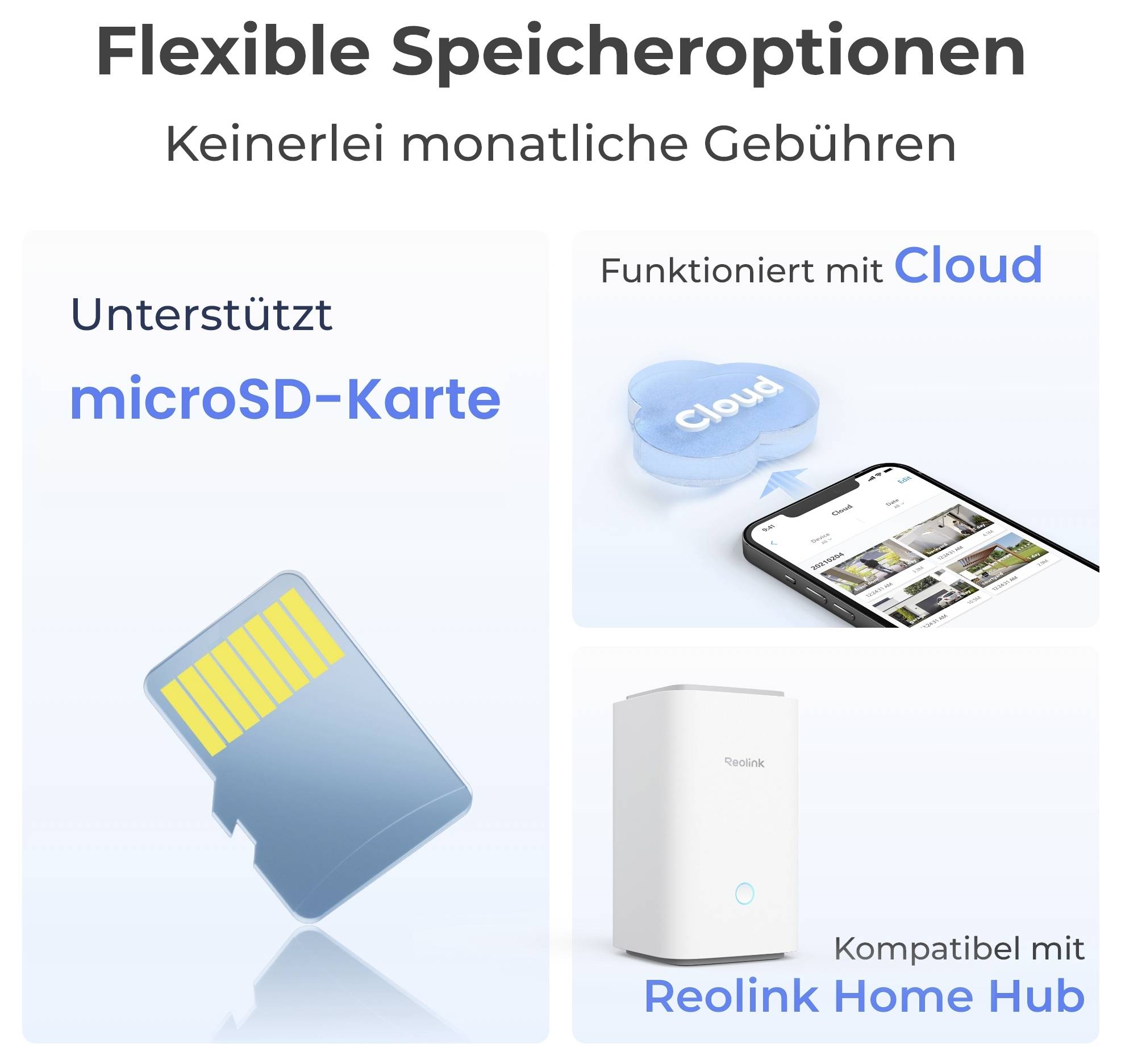 „Flexibilní možnosti úložiště": Mezi možnosti patří podpora microSD karty, cloudová funkčnost a kompatibilita s Reolink Home Hub.