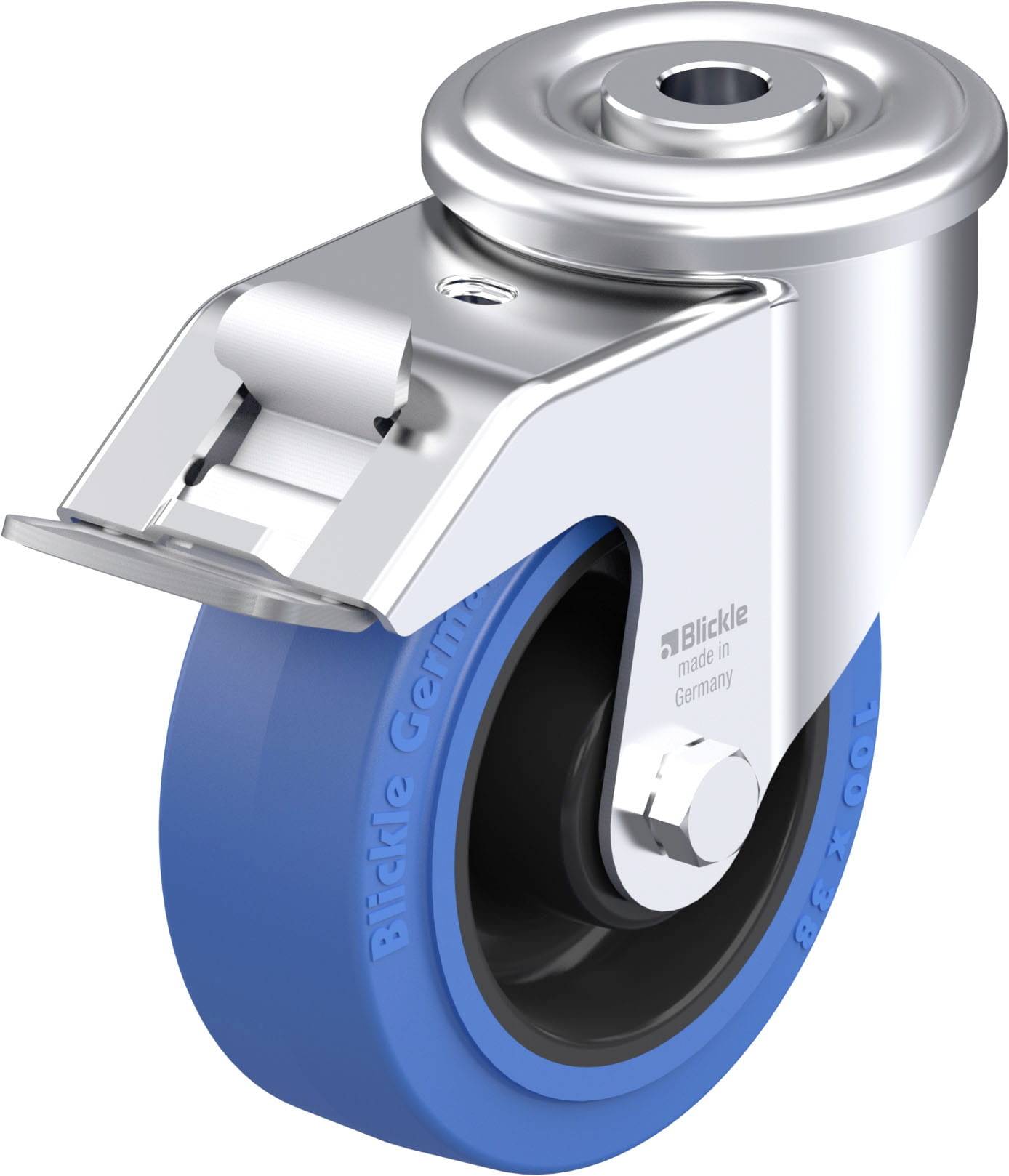 Otočné kolečko s modrou pojezdovou plochou a kovovým tělem, vhodné pro vozíky nebo zařízení; z německé výroby.