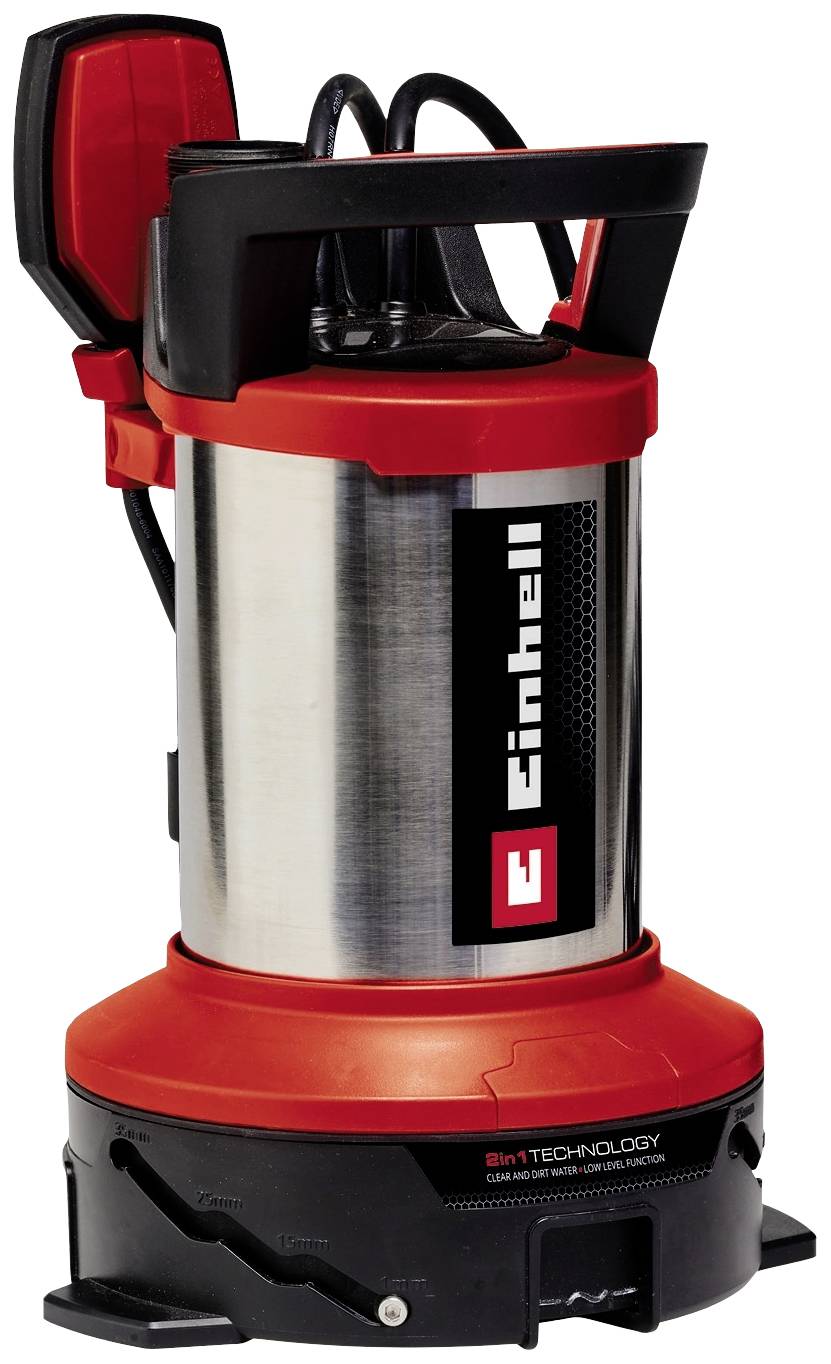 Červeno-černá ponorná čerpadlo od Einhell s rukojetí, přípojkami a nápisem '3in1 TECHNOLOGY' na základně.