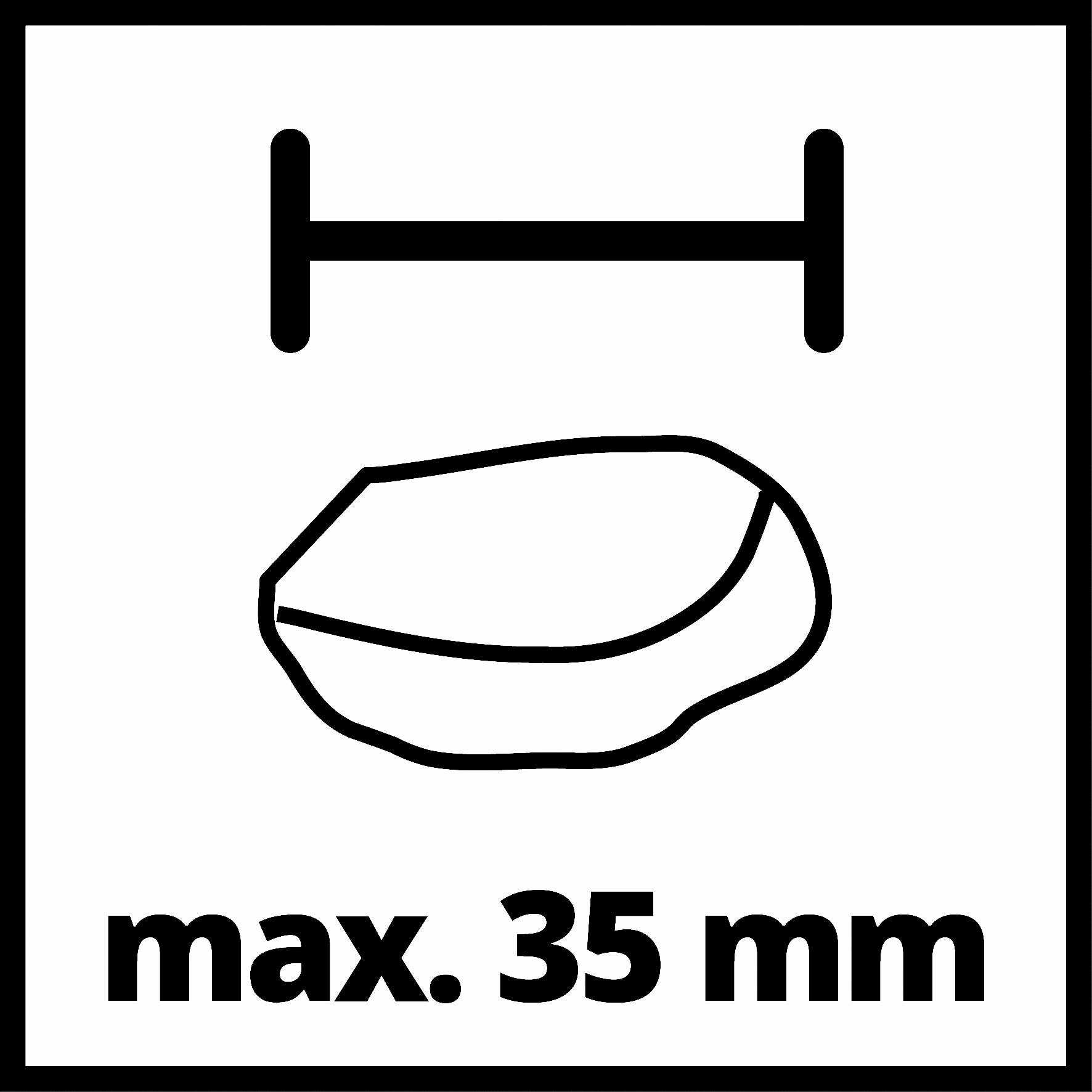 "Max. 35 mm" s obrázkem kamene a obráceného U-tvaru vzhůru nohama, který znázorňuje maximální velikost 35 mm.