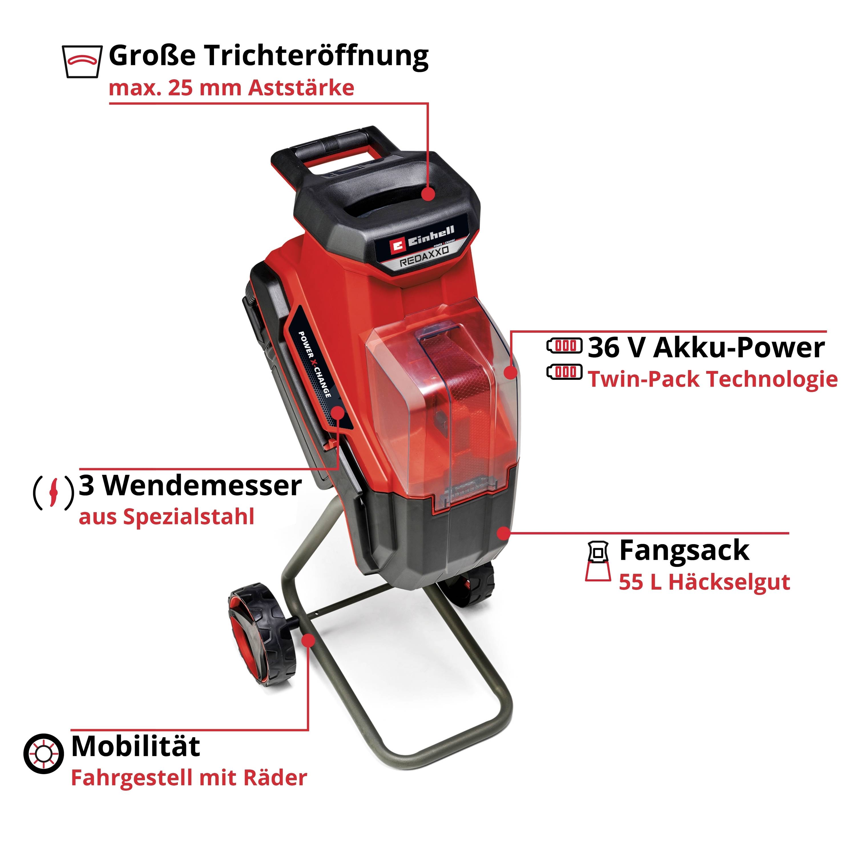 Einhell akumulátorový drtič větví: Červený stroj s velkou vstupní šachtou, mobilní díky kolečkům, 36V akumulátor, sběrný pytel 55 l, 3 otočné nože.