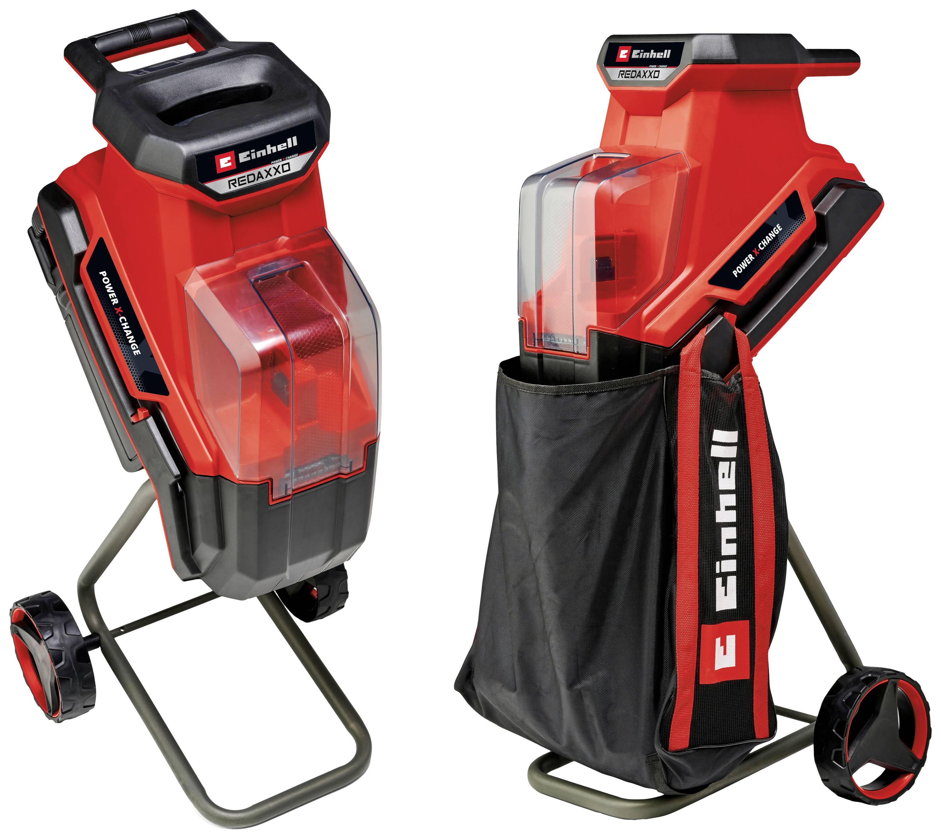 Elektrický drtič Einhell REDAXO v červené a černé barvě s košem na sběr materiálu. Ideální pro drcení zahradního odpadu. Umístěný na kolech pro snadnou mobilitu.