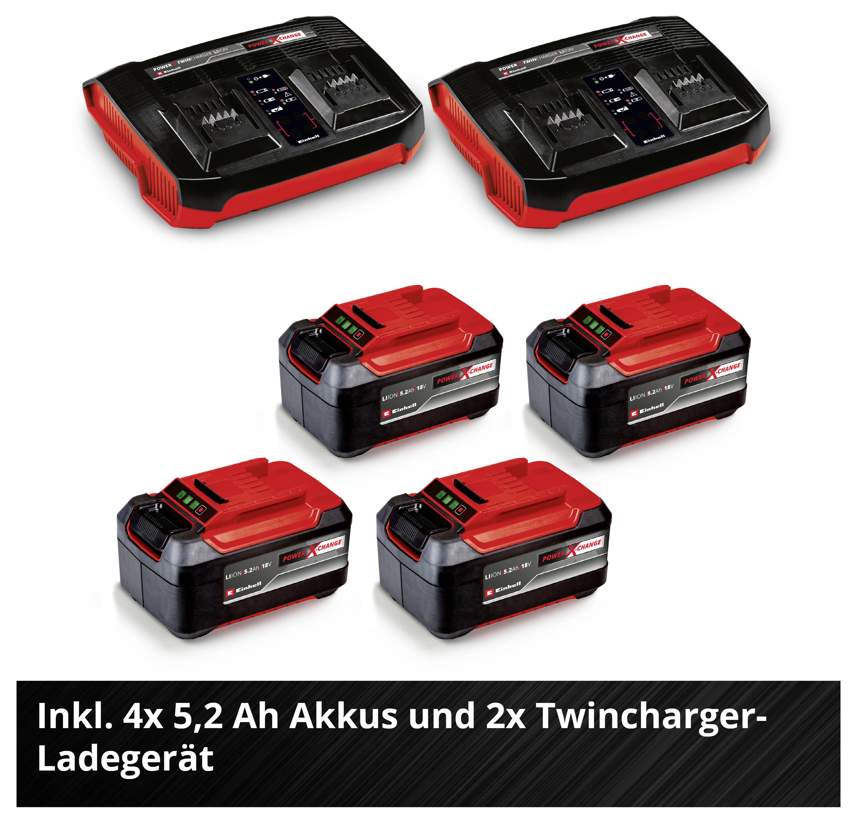 Sada se 2 nabíječkami Twincharger a 4 akumulátory 5,2 Ah; Text: "Včetně 4x akumulátorů 5,2 Ah a 2x nabíječky Twincharger".