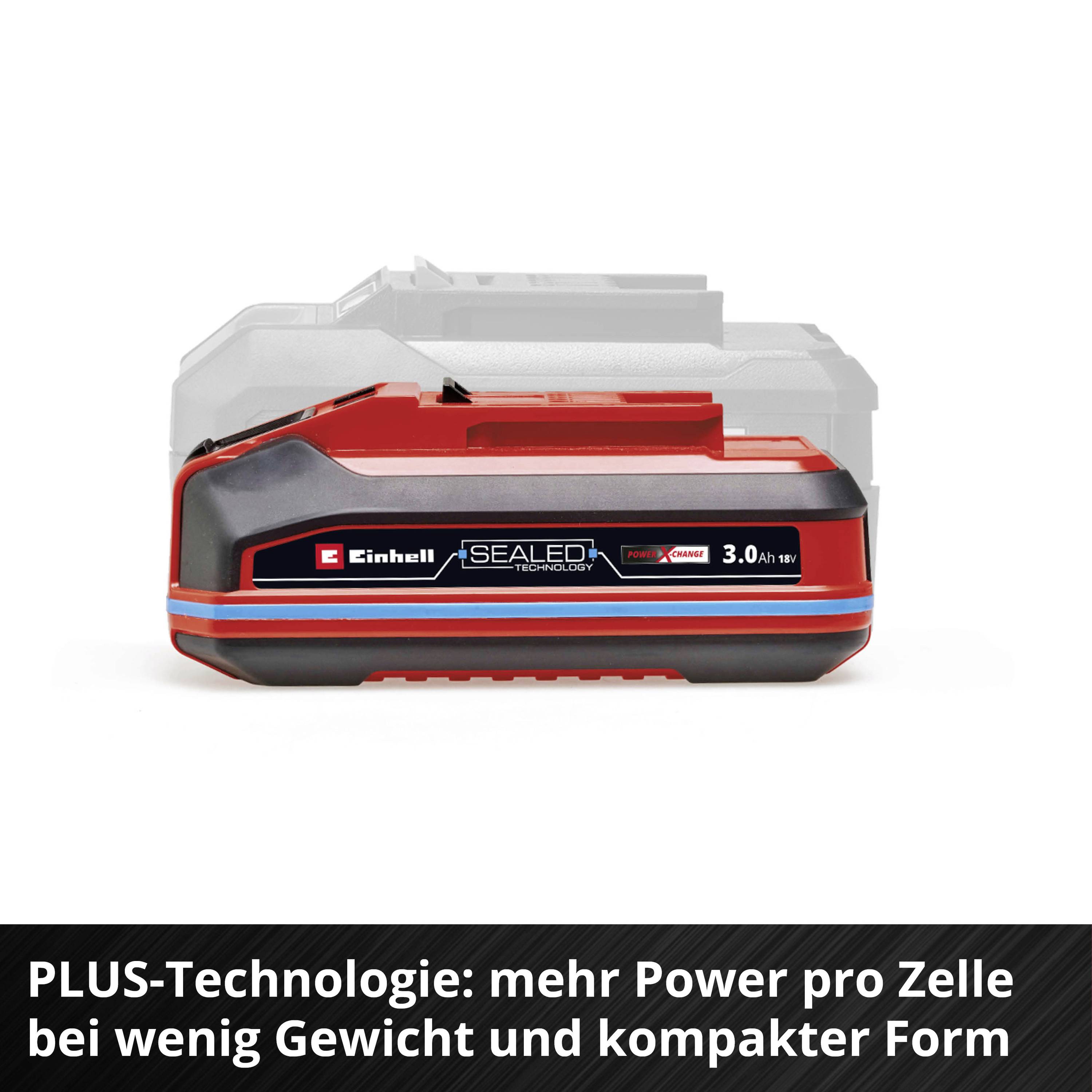 Červeno-černá baterie Einhell s nápisem 'SEALEAD Technology 3.0 Ah'. Text pod ní vysvětluje výhody technologie PLUS.