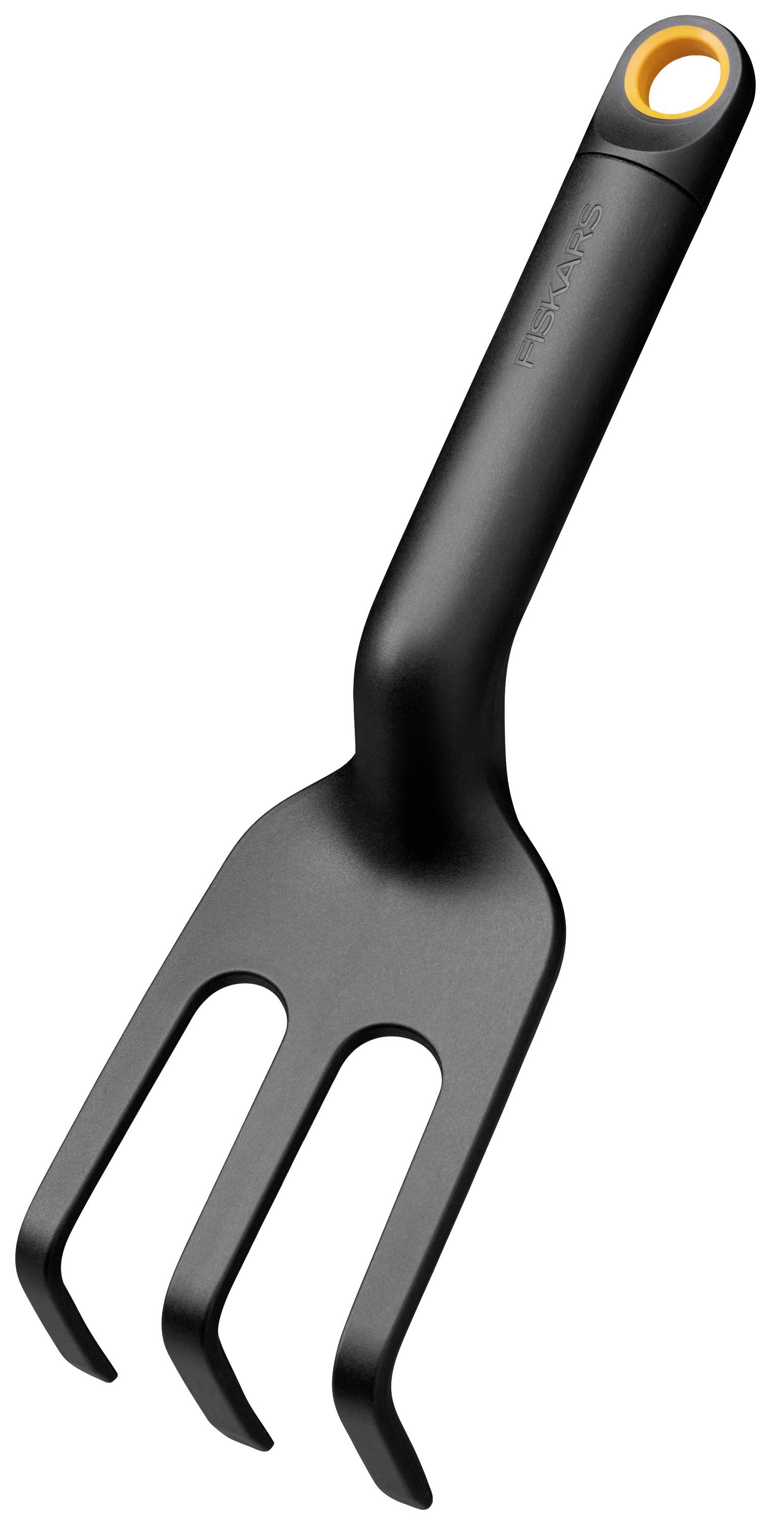 Černá plastová kuchyňská vařečka se třemi hroty a ergonomickou rukojetí, vhodná pro vaření a servírování jídel.