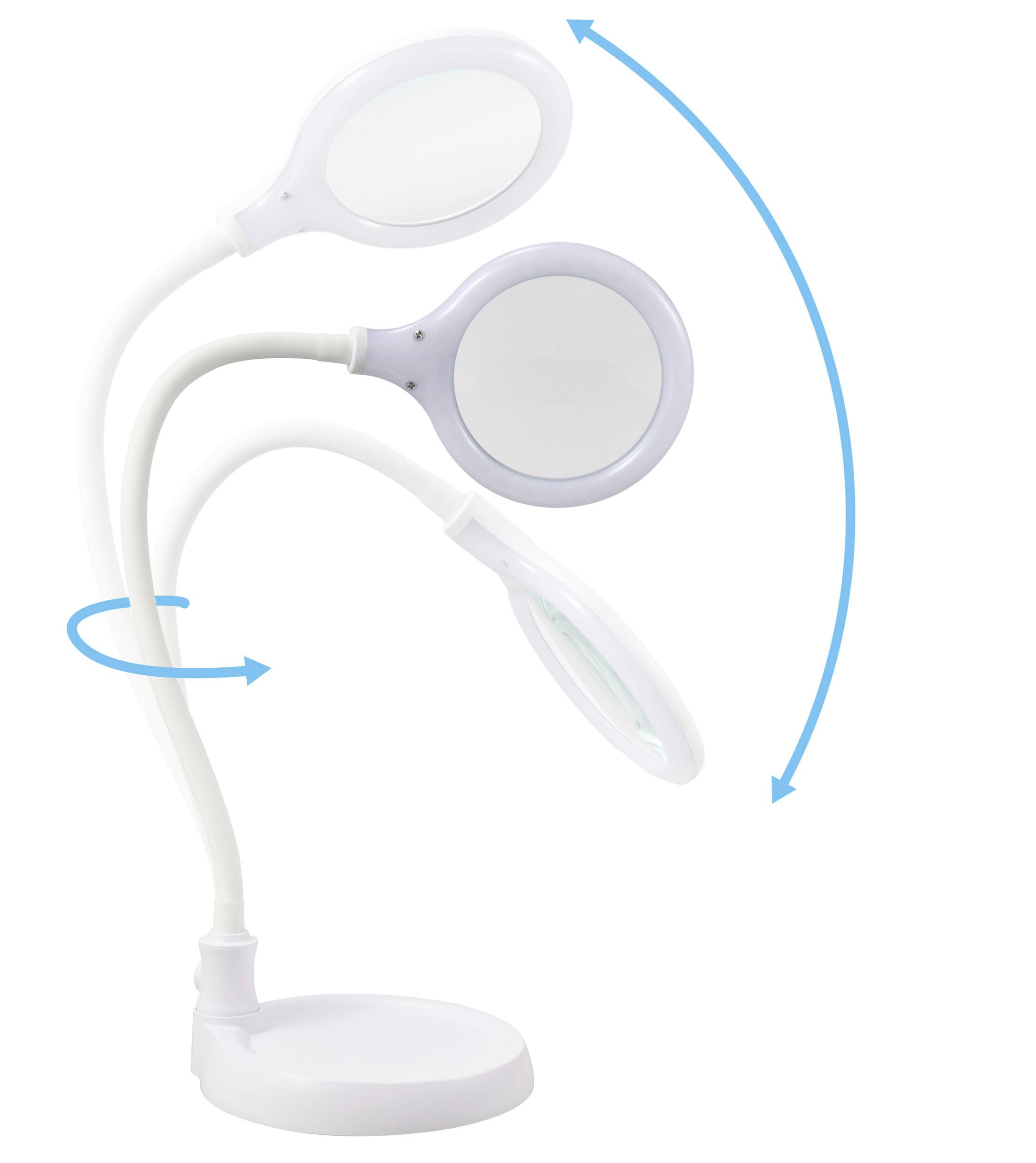 Flexibilní stolní lampa s nastavitelným krkem a třemi kulatými světly ukazuje rotační a sklopné funkce pomocí modrých šipek.