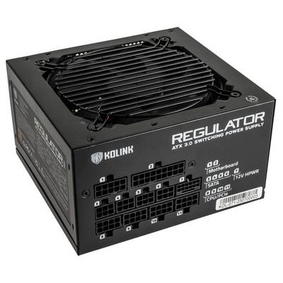 Napájecí zdroj s ventilátorem a několika kabelovými konektory, včetně 'Motherboard', 'CPU/PCIe' a 'SATA', značka 'KOLINK', model 'REGULATOR ATX 3.0 Switching Power Supply'.