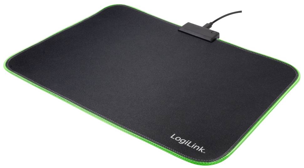 Černá podložka pod myš se zeleným lemováním a nápisem 'LogiLink', připojená přes USB kabel.