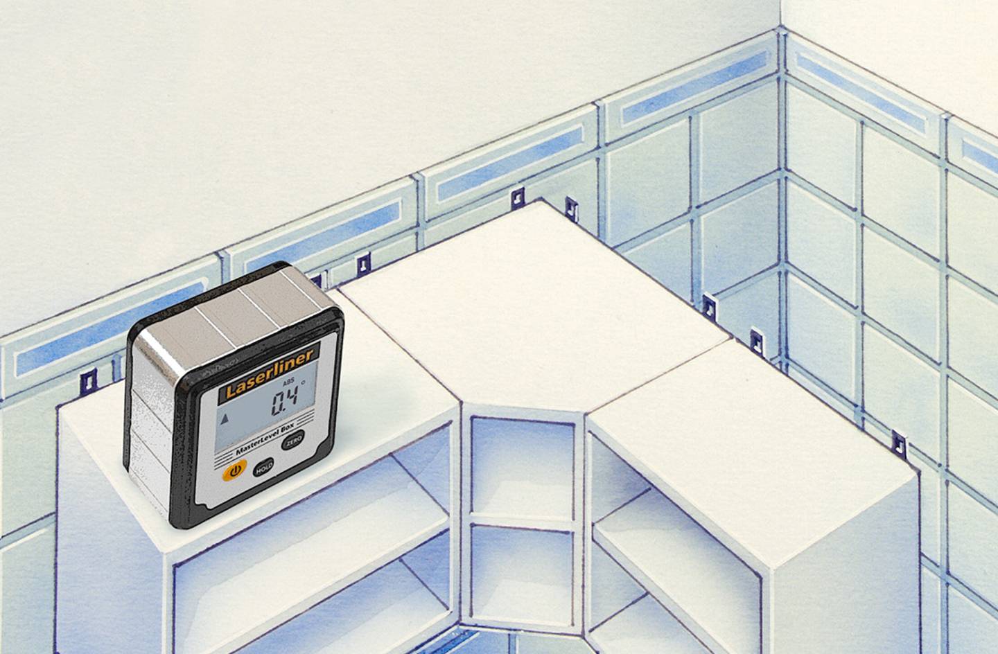 Digitální sklonoměr měří náklon regálového systému. V pozadí je vidět několik regálů v rohovém prostoru.