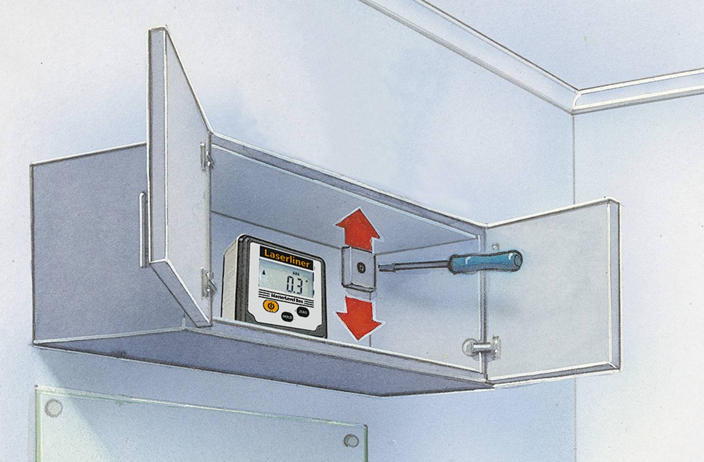 Měřicí přístroj ve skříni s naměřenou hodnotou 0,3. Šroubovák je připevněn po straně, červené šipky ukazují nahoru a dolů.