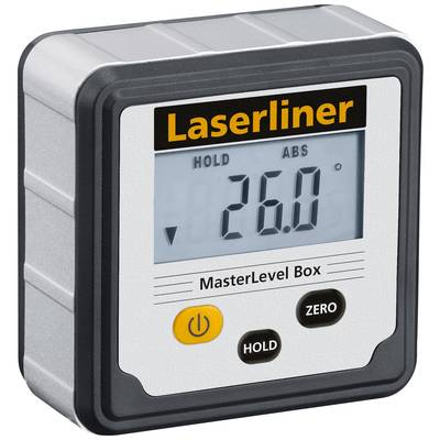 Elektronická sklonoměrná vodováha s displejem zobrazuje '26,0 stupňů'. Tlačítko pro podržení a nastavení nuly. Značka 'Laserliner'.