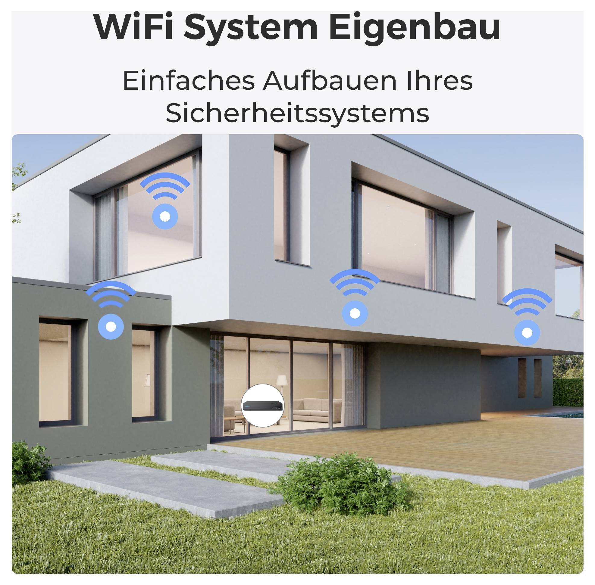 Moderní exteriér domu s WiFi symboly na oknech, který naznačuje snadné nastavení domácího bezpečnostního systému. Text v němčině nahoře a dole.