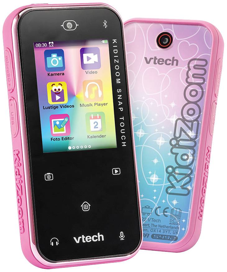 Dvě růžové dětské fotoaparáty od VTech. Jeden zobrazuje displej s barevnými ikonami aplikací, druhý zadní stranu s nápisem "Kidizoom".