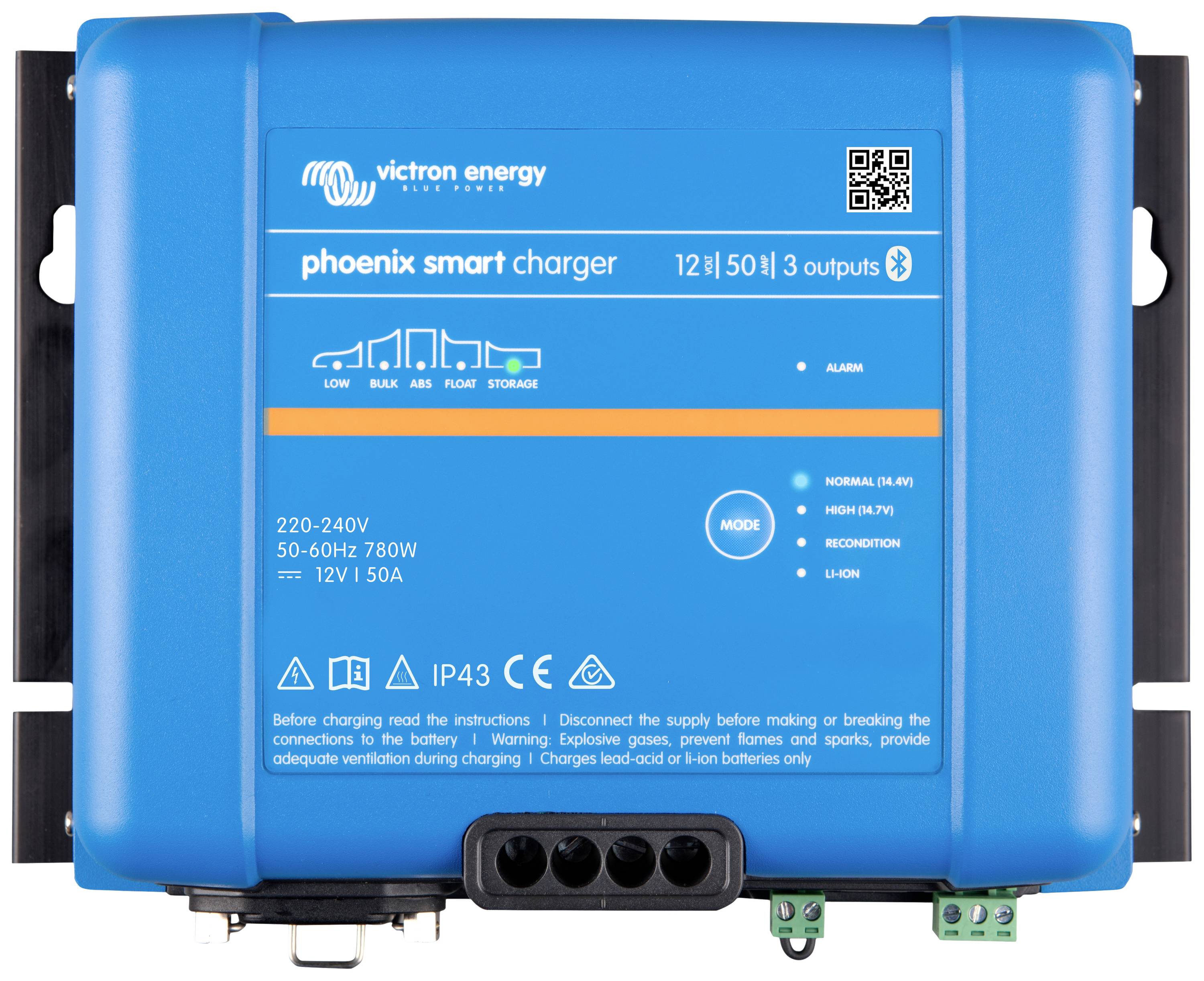 Nabíječ Victron Energy Phoenix Smart Charger, modrý nabíječ s Bluetooth, 12/50/3 výstupy, vhodný pro 220-240V, 50-60Hz, 780W.