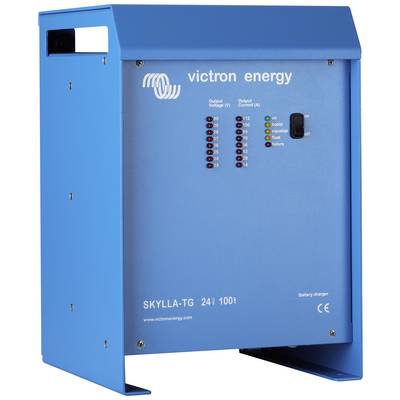 Modrá nabíječka od 'Victron Energy', model 'SKYLLA-TG 24i 100i'. Zobrazuje výstupní napětí a proud pomocí LED diod.