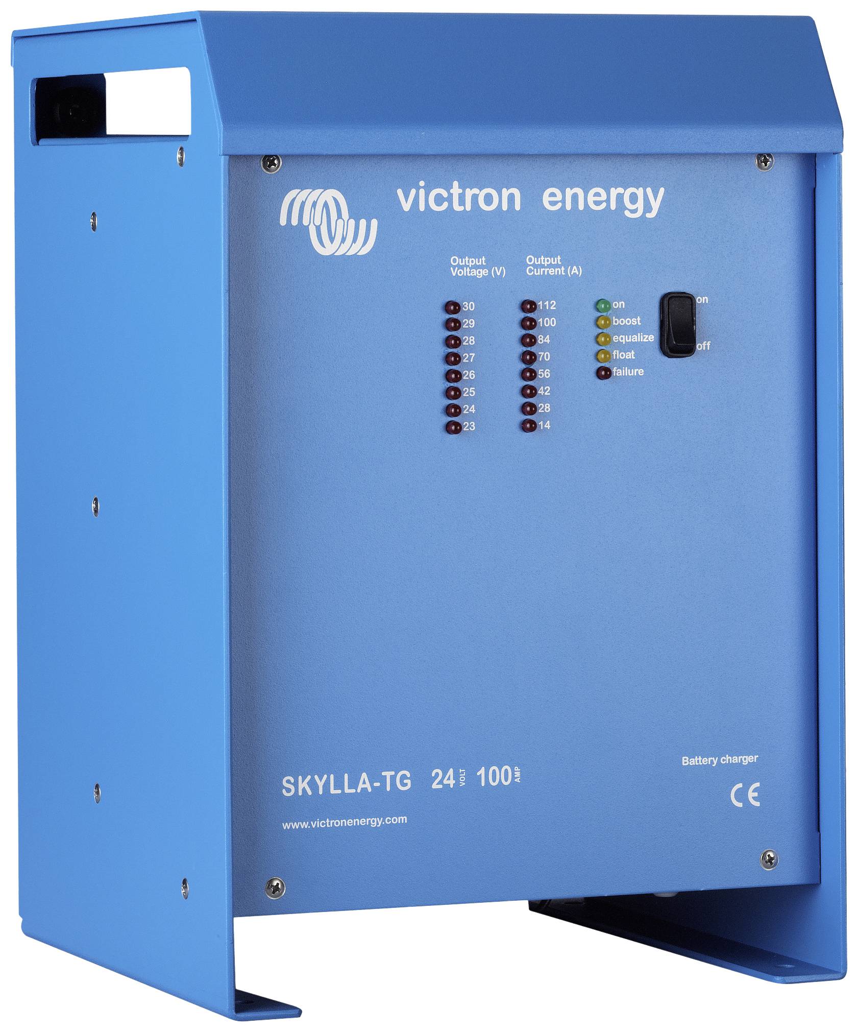 Modré nabíjecí zařízení 'Victron Energy SKYLLA-TG 24i 100A' s indikačními LED diodami pro zobrazení napětí a proudu.