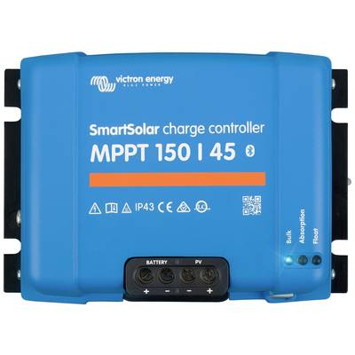 Solární regulátor nabíjení 'SmartSolar MPPT 150 | 45' od Victron Energy. Modré pouzdro s indikačními LED diodami pro bulk, absorpci a float, stupeň krytí IP43.