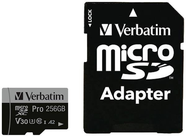 Verbatim Pro paměťová karta microSDXC  256 GB UHS-Class 3 podpora videa 4K, výkonnostní standard A2, vč. SD adaptéru, nárazuvzdorné, vodotěsné