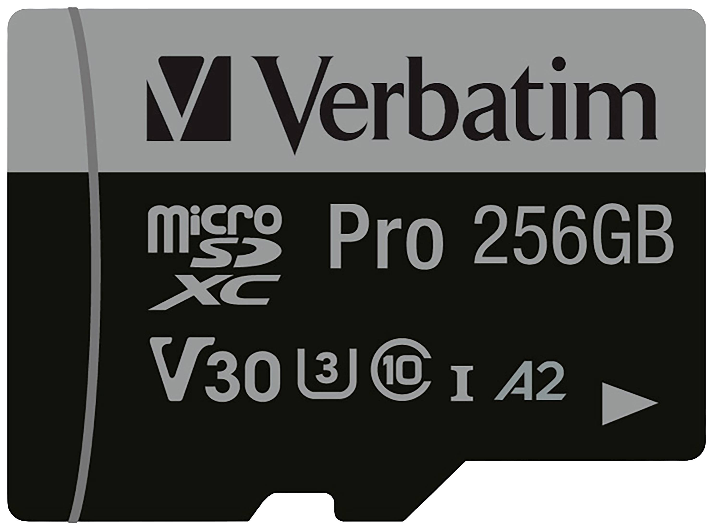 Paměťová karta Micro SD od Verbatimu, 256GB kapacita úložiště, Pro, V30, U3, A2, vysoká rychlost a výkon pro ukládání dat.