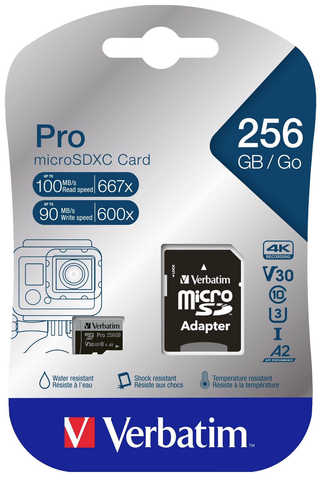 'Verbatim Pro microSDXC karta, 256 GB, čtení 100 MB/s, zápis 90 MB/s, voděodolná, nárazuvzdorná a odolná teplotním výkyvům, kompatibilní se 4K.'