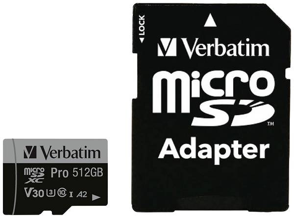Verbatim Pro paměťová karta microSDXC  512 GB UHS-Class 3 podpora videa 4K, výkonnostní standard A2, vč. SD adaptéru, nárazuvzdorné, vodotěsné