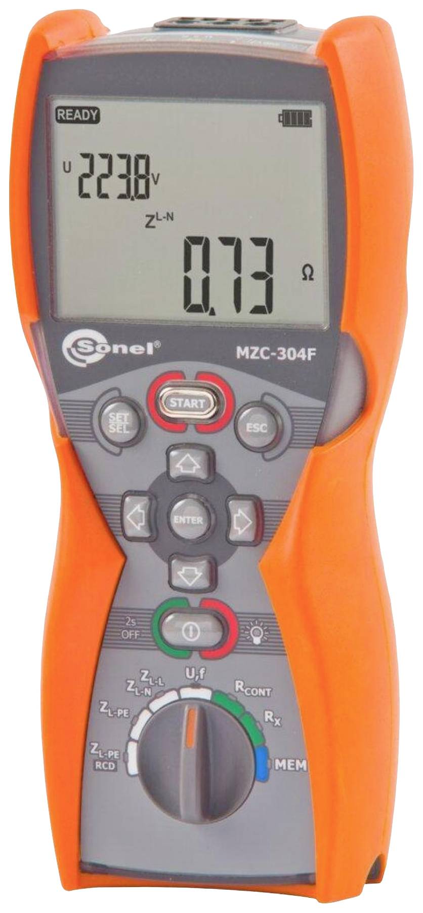 Oranžové elektrické zařízení pro měření napětí (223,8 V) a odporu (0,73 Ω) s různými ovládacími prvky.