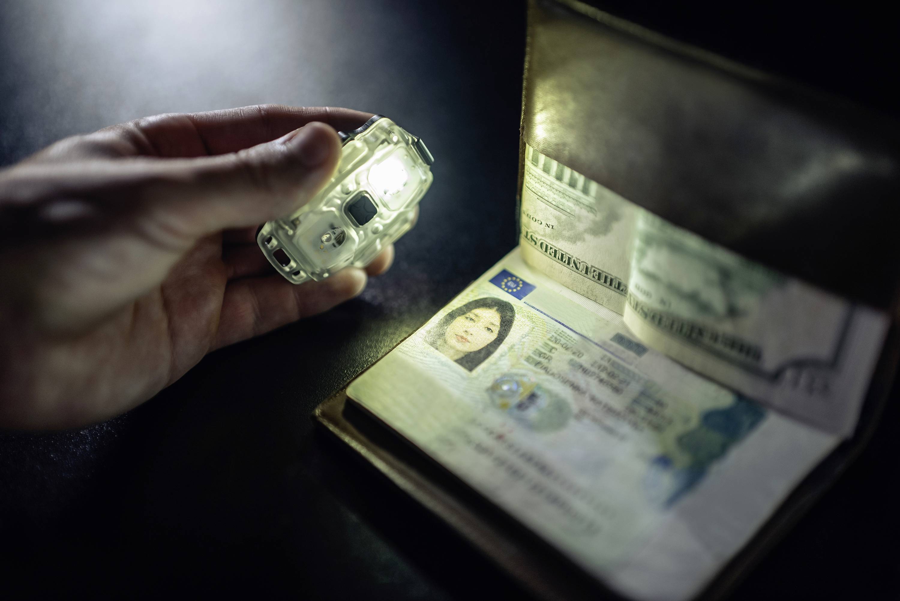 Jedna ruka drží UV světlo nad otevřeným cestovním pasem, aby zkontrolovala bezpečnostní prvky. Zaměření je na fotografii a údajích.
