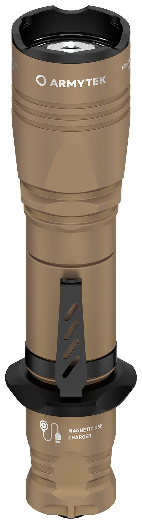 Hnědá svítilna s magnetickou USB nabíjecí funkcí a klipem na opasek.