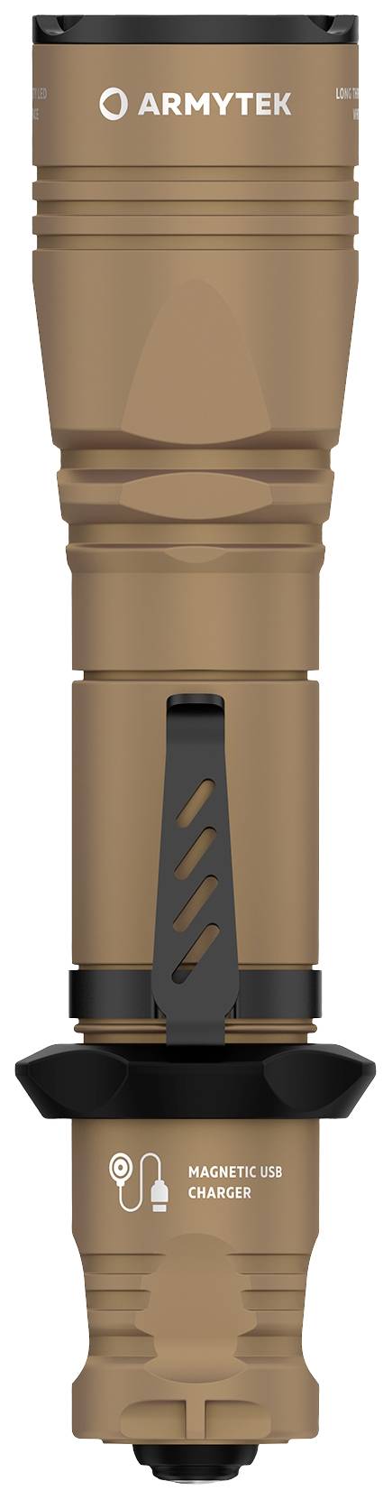 Kapesní svítilna s hnědým pouzdrem a magnetickým USB nabíjecím portem.